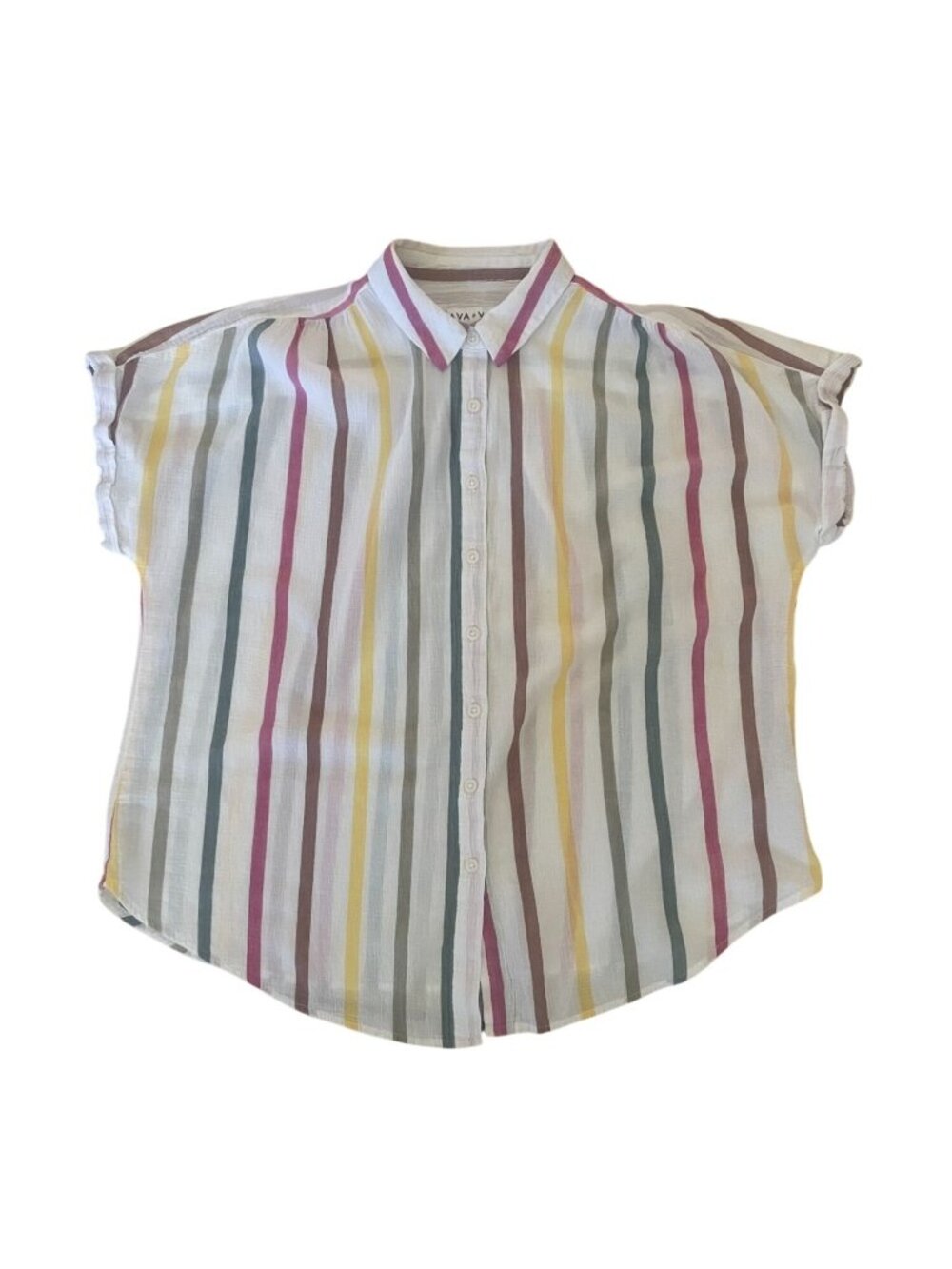 Ava & VIV muslin cotton vertical stripe cap sleeve button front collared top 14W
